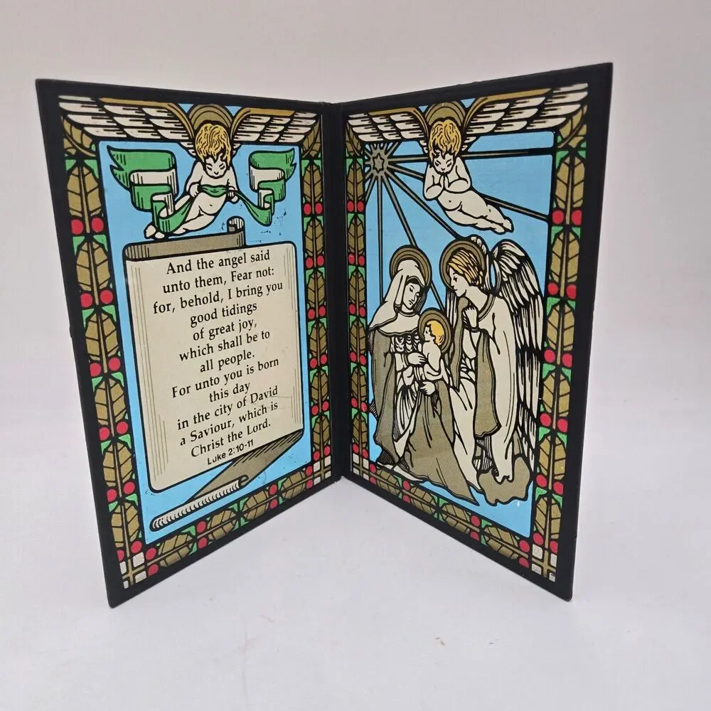 Christmas Nativity Glass Bifold 2 Panels Angels Verses from Luke Reverse Painted